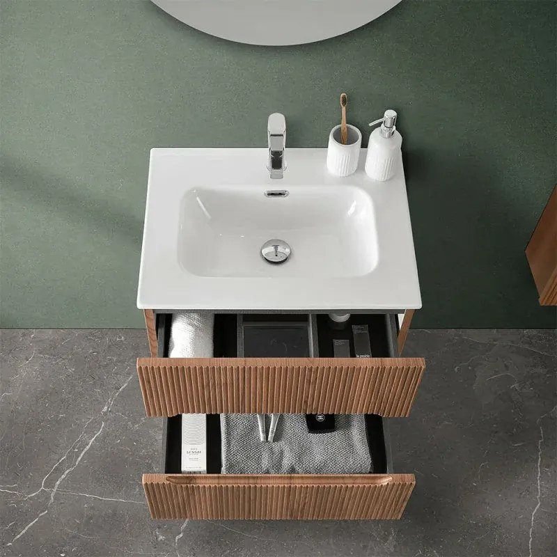 Mobile bagno sospeso cannettato 60 cm noce canaletto con lavabo Bali