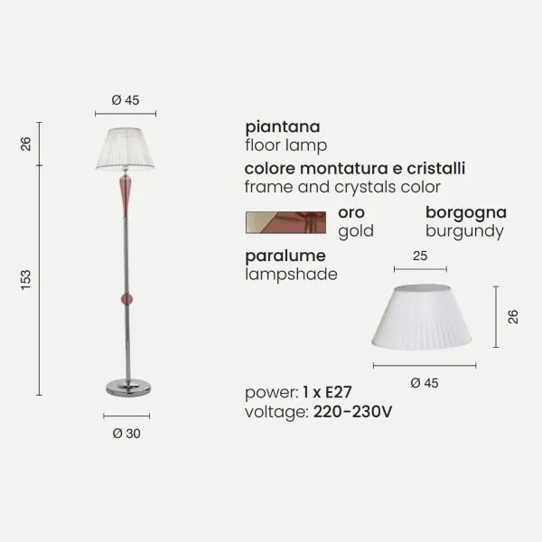 Piantana PAGANINI in vetro lavorato a mano Borgogna H179 cm