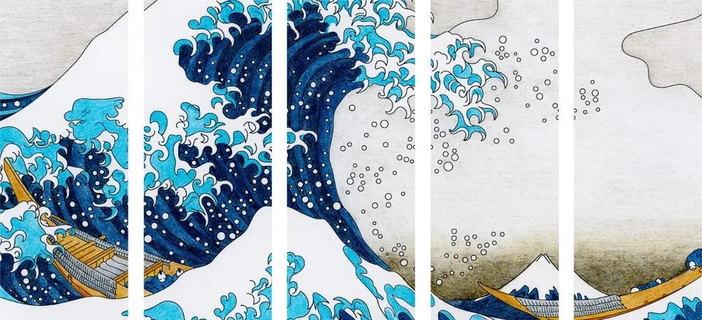 Quadri 5 pezzi – Riproduzione La grande onda di Kanagawa - KATSUSHIKA HOKUSAI