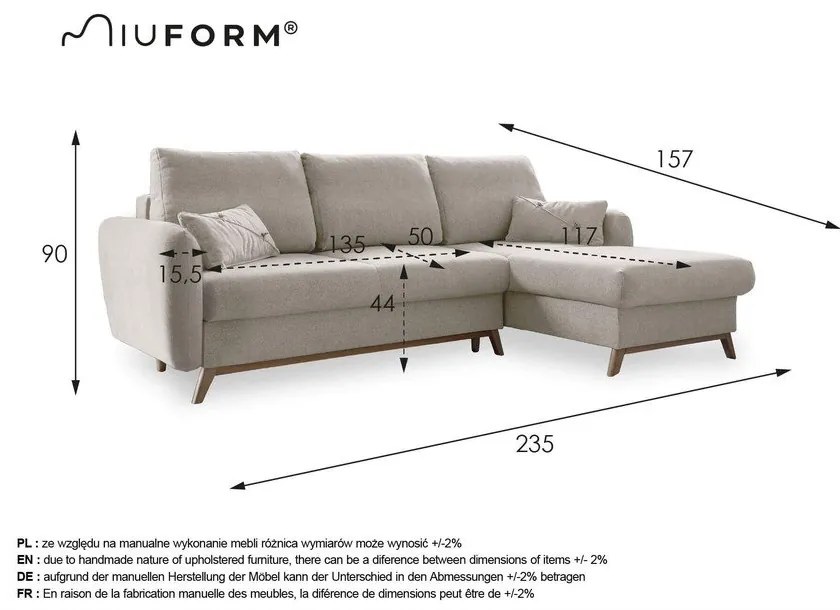 Divano letto angolare turchese, angolo destro Scandic Lagom - Miuform