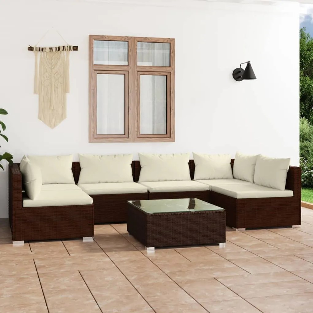 Set divani da giardino 7 pz con cuscini in polyrattan marrone