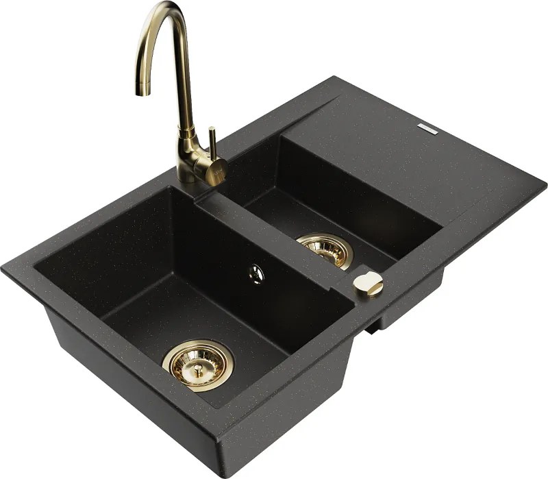 Mexen Gaspar lavello in granito 1,5 vasca con scolapiatti e rubinetto cucina Telma, nero/oro - 6507-75-670200-50