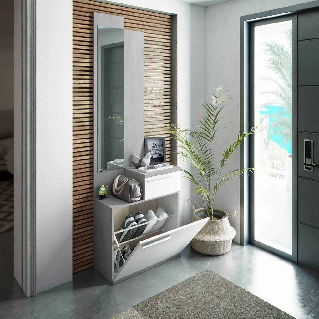 INGRESSO CON SPECCHIO, SCARPIERA E CASSETTO GRIGIO/BIANCO KAREN