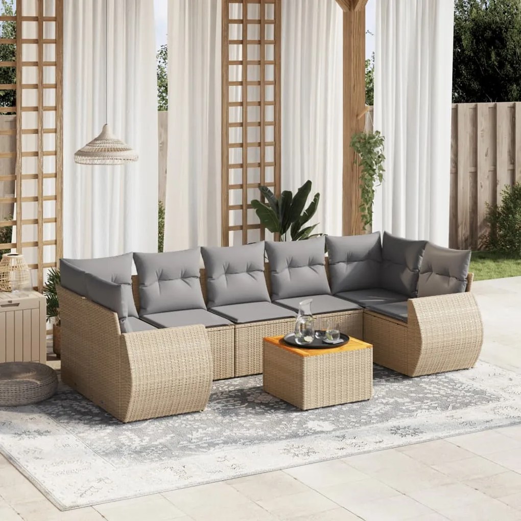 Set Divano da Giardino 8 pz con Cuscini Beige in Polyrattan