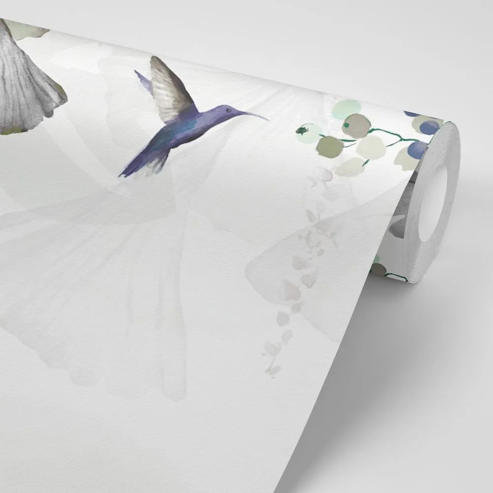 Carta da parati – Foglie con Colibrì in Verde-Grigio