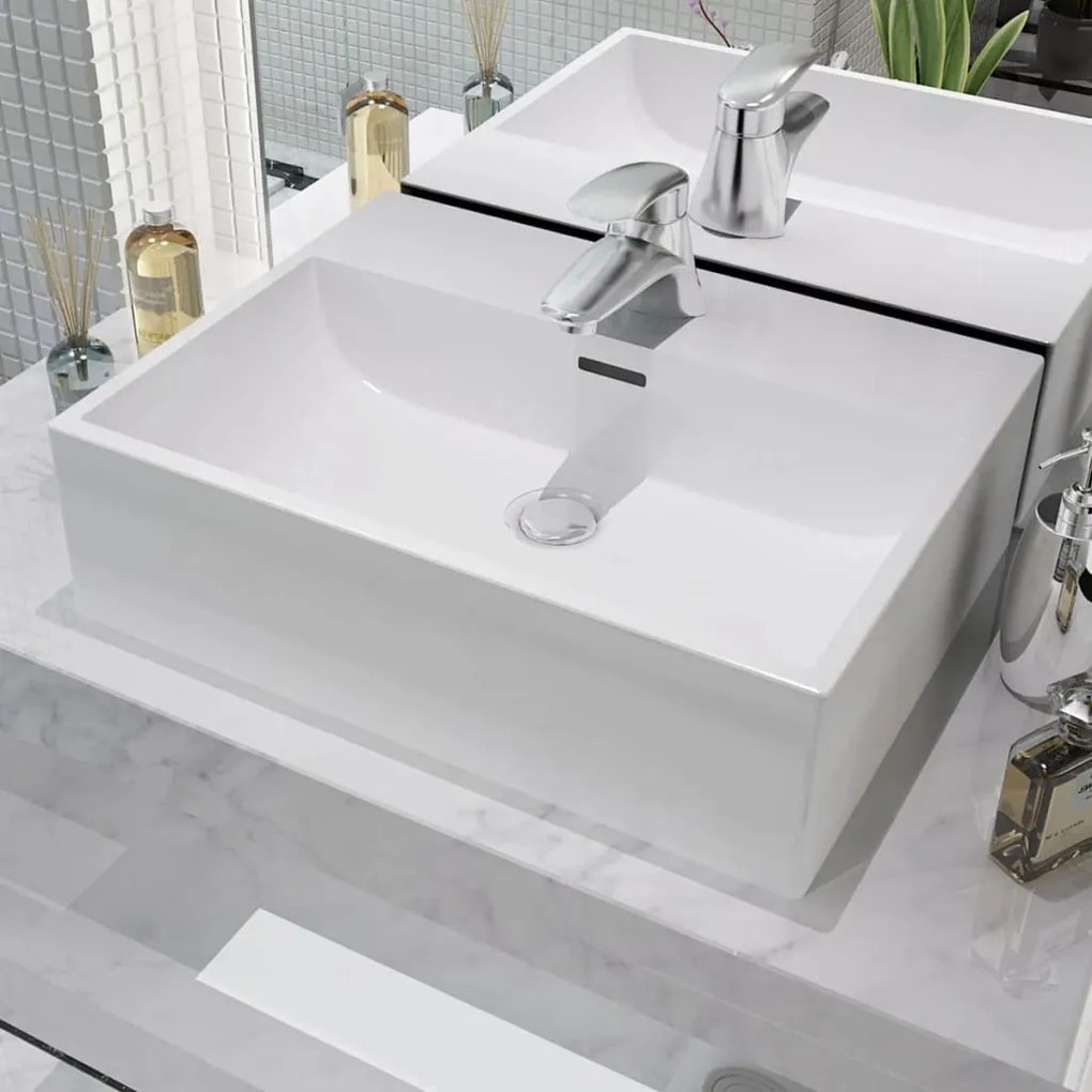 Lavandino Con Foro Rubinetto İn Ceramica Bianca 51,5x38,5x15 Cm /
