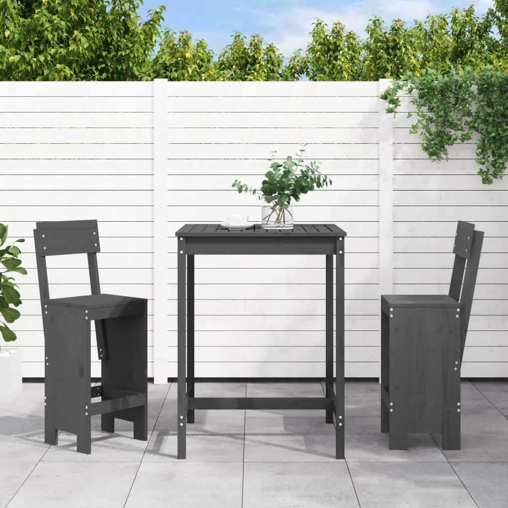 Set Bar Da Giardino 3 Pz Grigio İn Legno Massello Di Pino /
