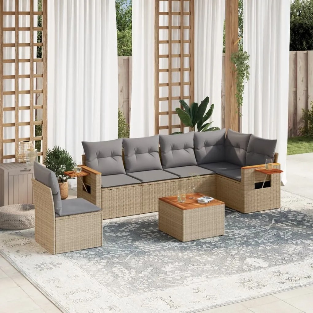 Set divani da giardino 7 pz con cuscini beige in polyrattan