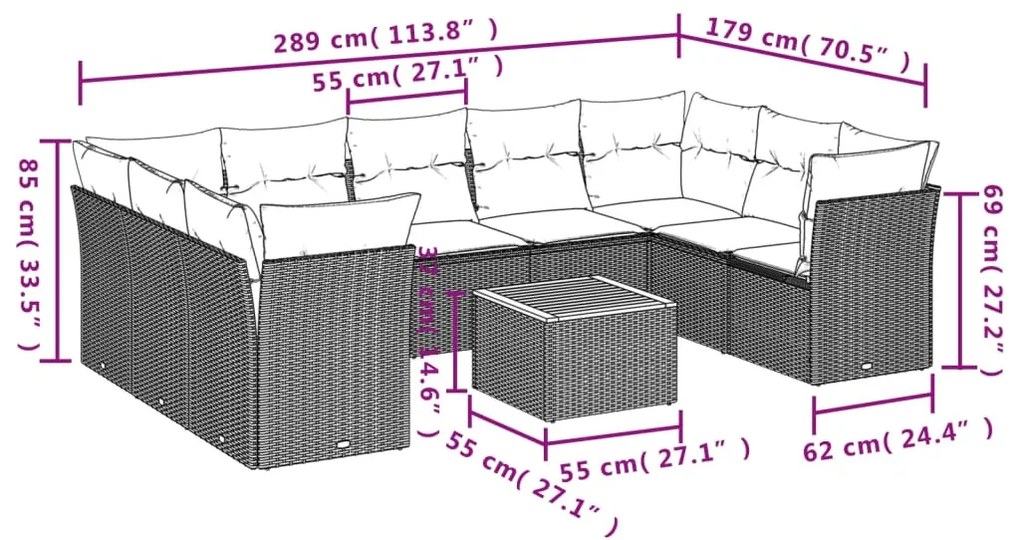 Set divano da giardino 10 pz con cuscini beige in polyrattan