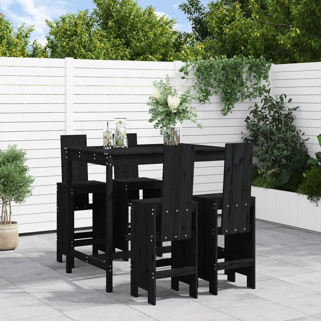 Set Bar da Giardino 5 pz Nero in Legno Massello di Pino