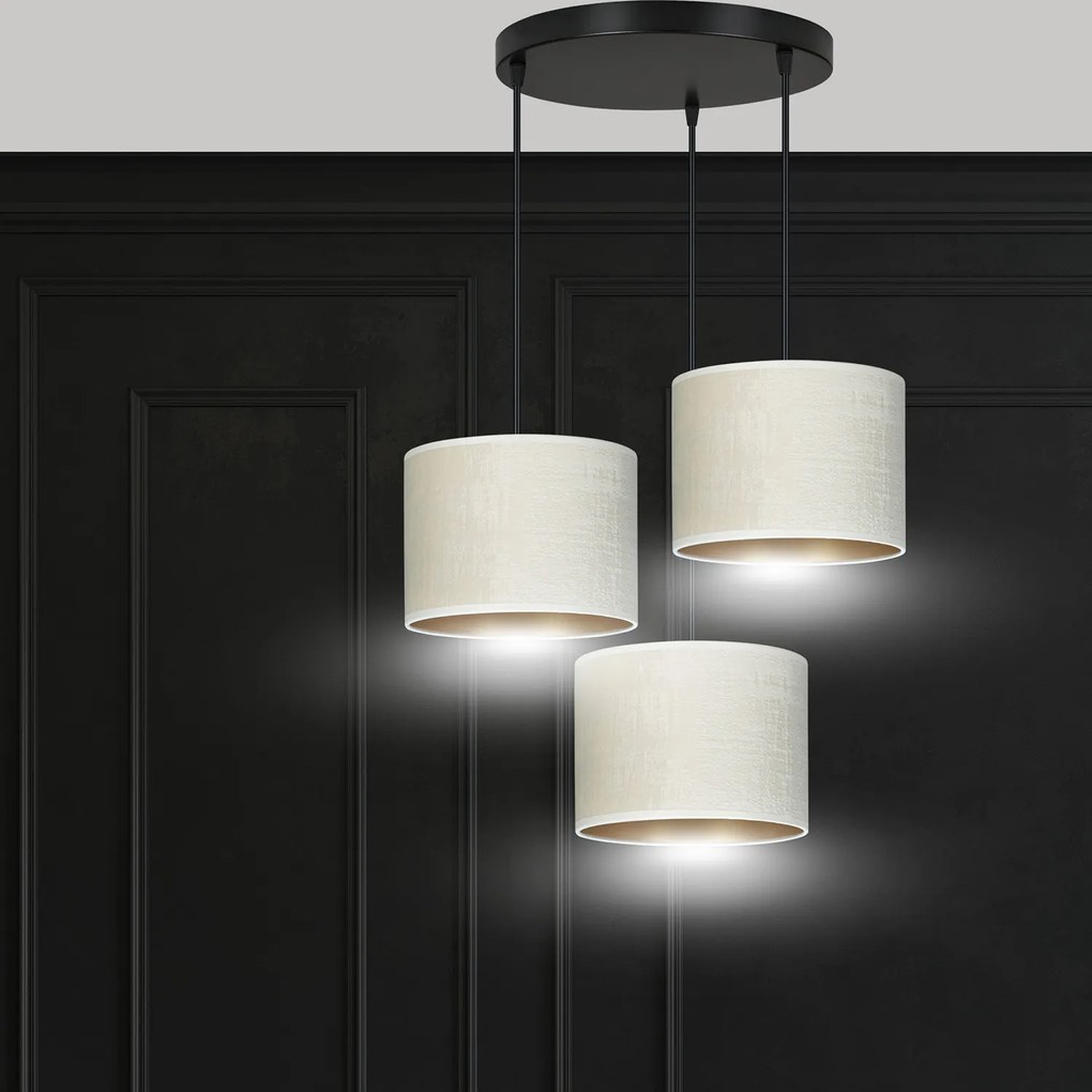 Lampadario Tondo 3 Luci Ganesha In Acciaio Nero E Paralumi In Tessuto Beige