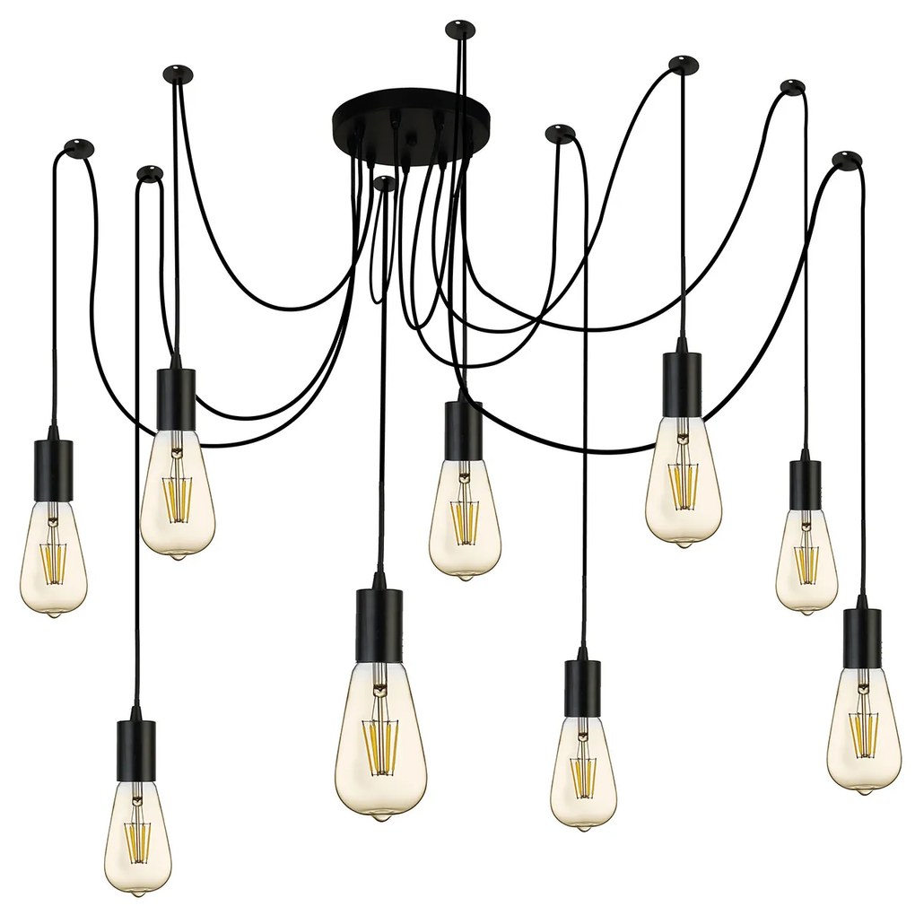 Lampadario Industrial-Nordico Squiggle Acciaio Nero 9 Luci E27