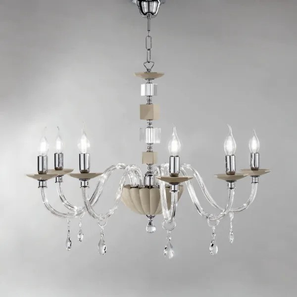 Lampadario sospeso LIVIA in vetro e cristallo D70 cm Tortora 6 luci