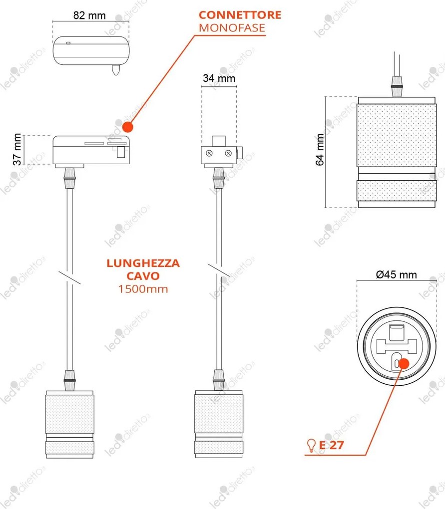 Lampada a Sospensione E27 per Binario Monofase - Nera
