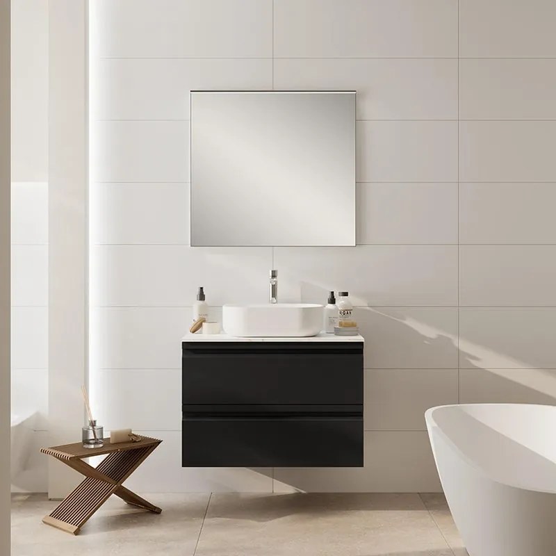 Mobile Pull L80 H55 P45 grafite opaco laccato 2 cassetti a chiusura ammortizzata e top gres calacatta per lavabo in appoggio, piedini non inclusi