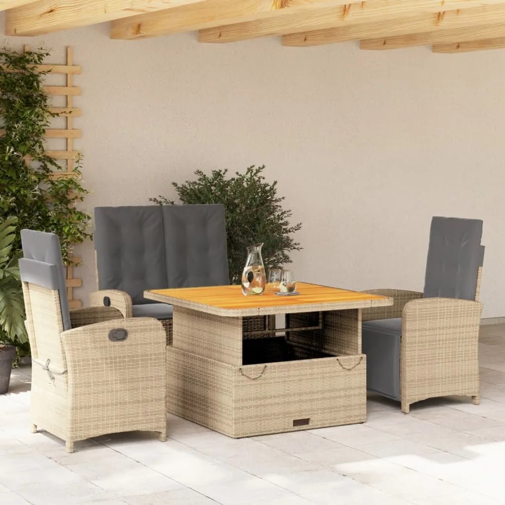 Set da pranzo da giardino 4 pz con cuscini beige in polyrattan