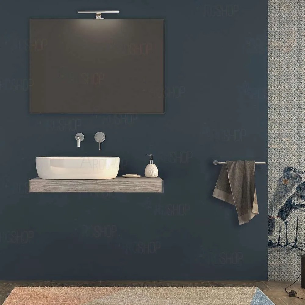 Mensolone bagno 90 cm Pino sbiancato con specchio e lampada kit di fissaggio incluso