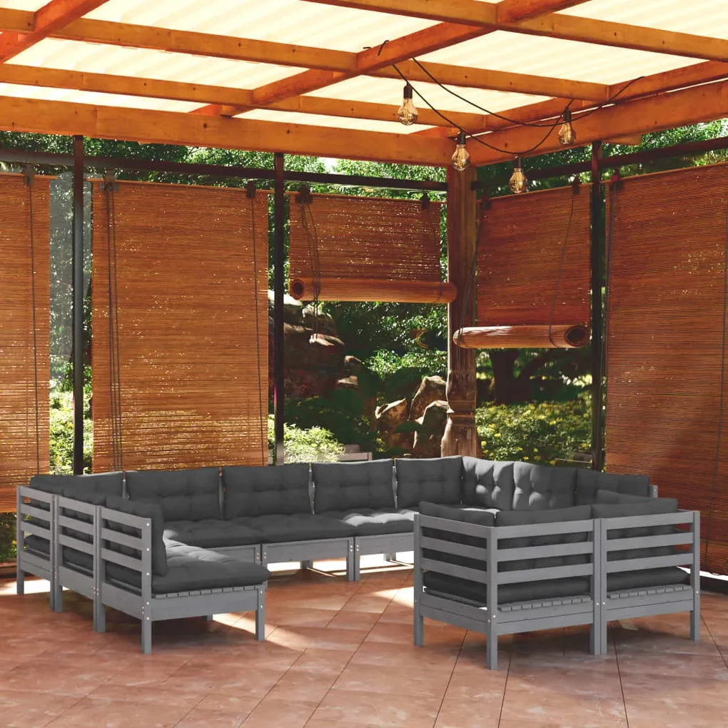 Set divani da giardino 11 pz con cuscini grigi massello di pino