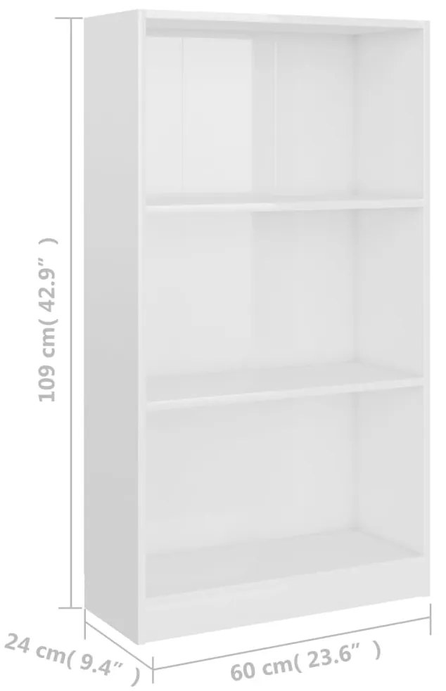 Libreria a 3 Ripiani Bianco Lucido 60x24x109 cm in Multistrato