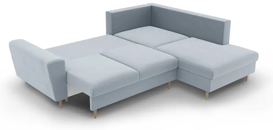 Divano angolare azzurro allungabile e con contenitore (con penisola a destra/a L) con rivestimento in velluto Kyoto – Cosmopolitan Design