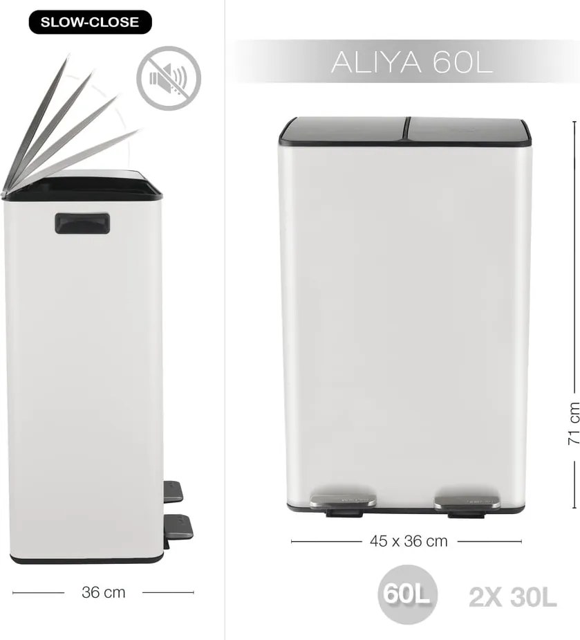 Cestino per la spazzatura bianco opaco in acciaio per raccolta differenziata/con pedale 2x30 l Aliya – Spirella