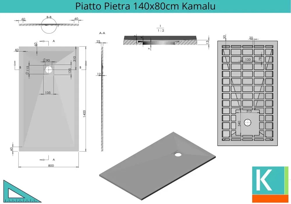 Piatto doccia 140x80 effetto pietra grigio cemento - KAMALU