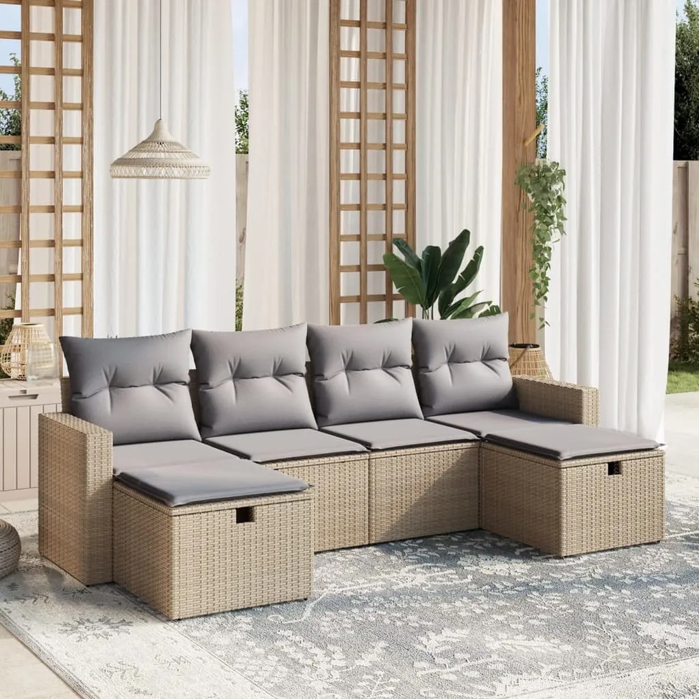 Set Divano da Giardino 6 pz con Cuscini Beige Misto Polyrattan