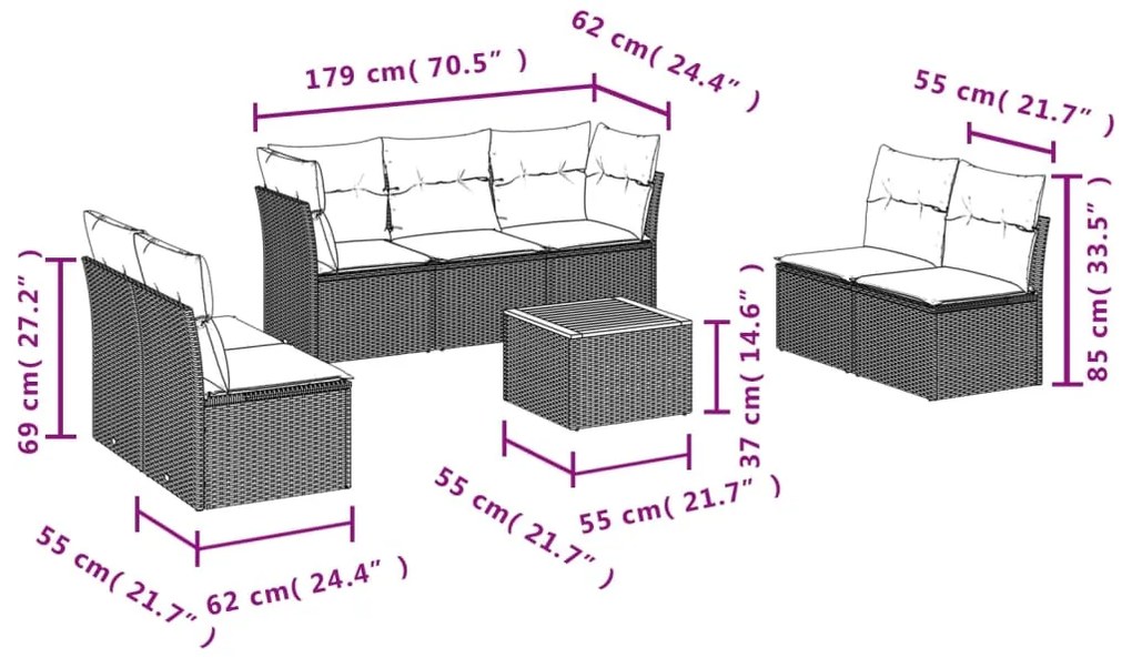 Set divani da giardino con cuscini 8 pz nero in polyrattan