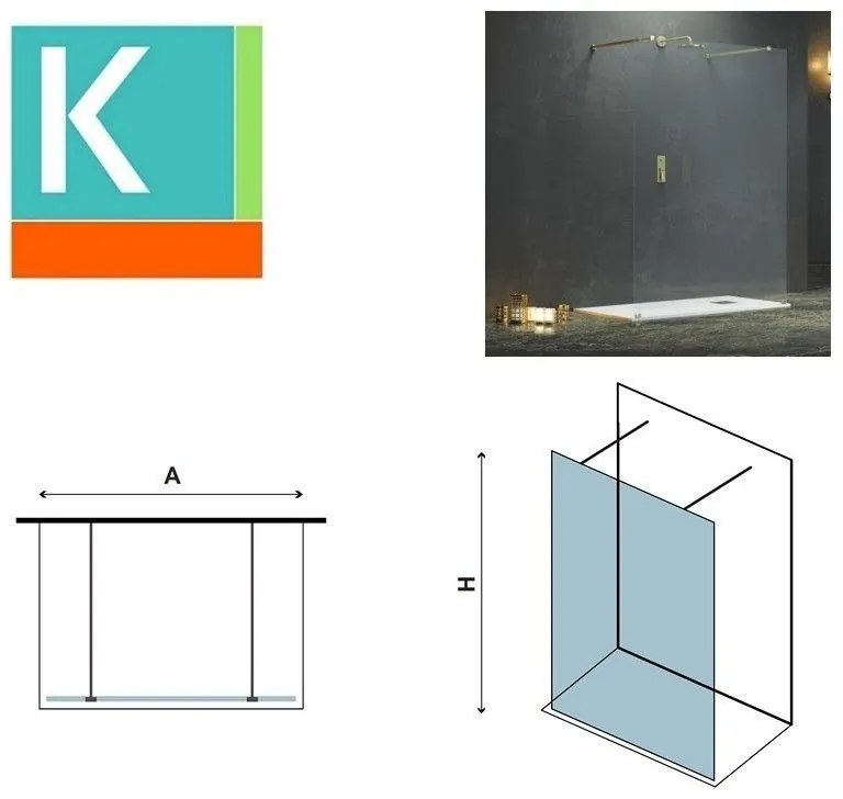 Kamalu - parete doccia walkin con staffe finitura oro 110cm vetro trasparente kw3000r