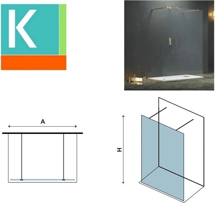 Kamalu - Parete doccia walkin con staffe finitura oro satinato 110cm vetro trasparente | KW3000R