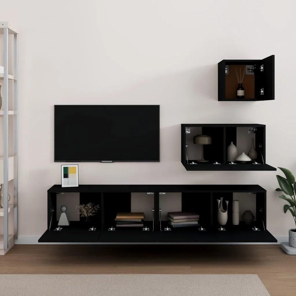 Set mobili porta tv 4 pz nero in legno multistrato