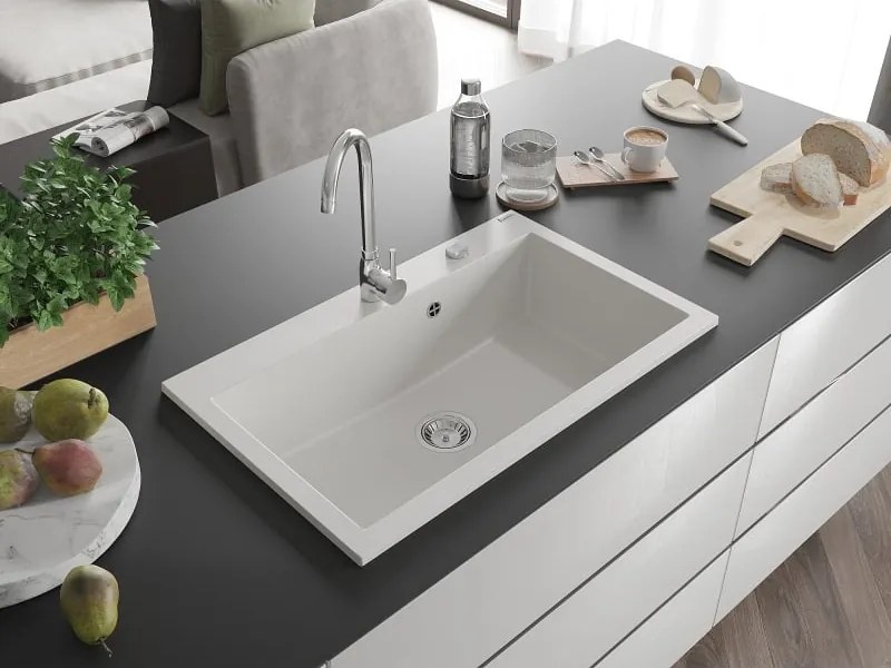 Mexen Elix lavello da cucina in granito 1 vasca 800 x 500 mm, bianco, sifone cromato - 6527801005-20