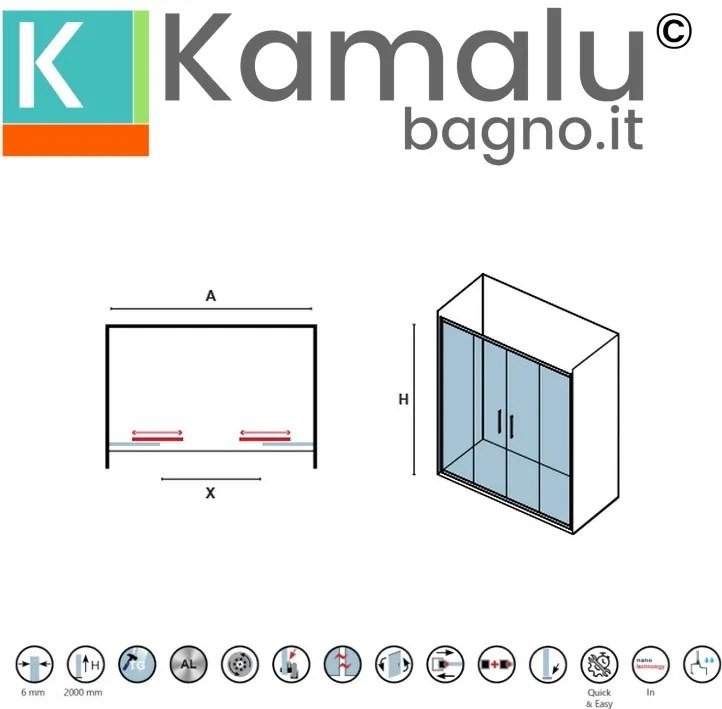 Kamalu - Porta doccia doppio scorrevole 160cm altezza 200cm finitura cromo| KZ6000