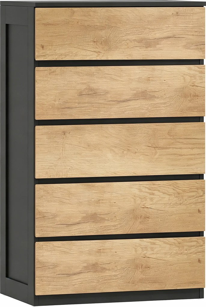 Cassettiera 5 Cassetti 60x39x100 cm con Guide in Metallo e Maniglie Scanalate in Legno Nero e Rovere...