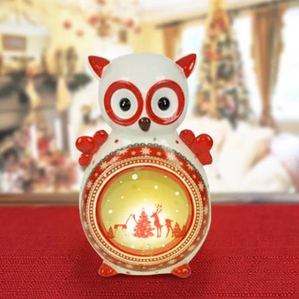Trade Shop - Lanterna Ceramica Gufo Con Candela Elettrica 21 Cm Decorazioni Natalizie