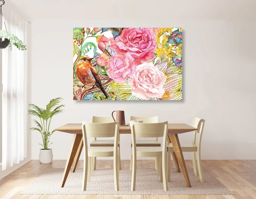Quadro su tela – Uccellino vintage con fiori