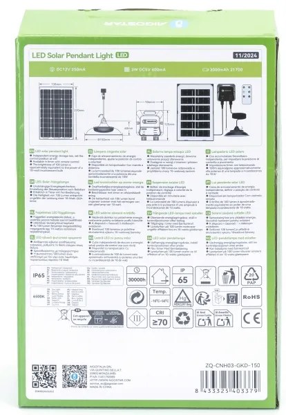 Aigostar - Lampadario solare a LED 35W/12V 3000 mAh 6500K Ø 15 cm