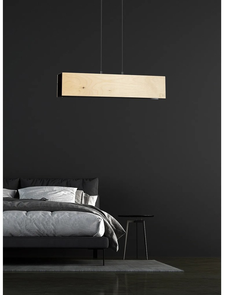 Lampadario 2 Luci Merlino In Acciaio Nero Corpo Rettangolare E Legno Naturale
