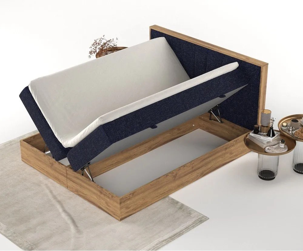 Letto boxspring con contenitore in blu scuro-naturale 200x200 cm Asahi - Maison de Rêve