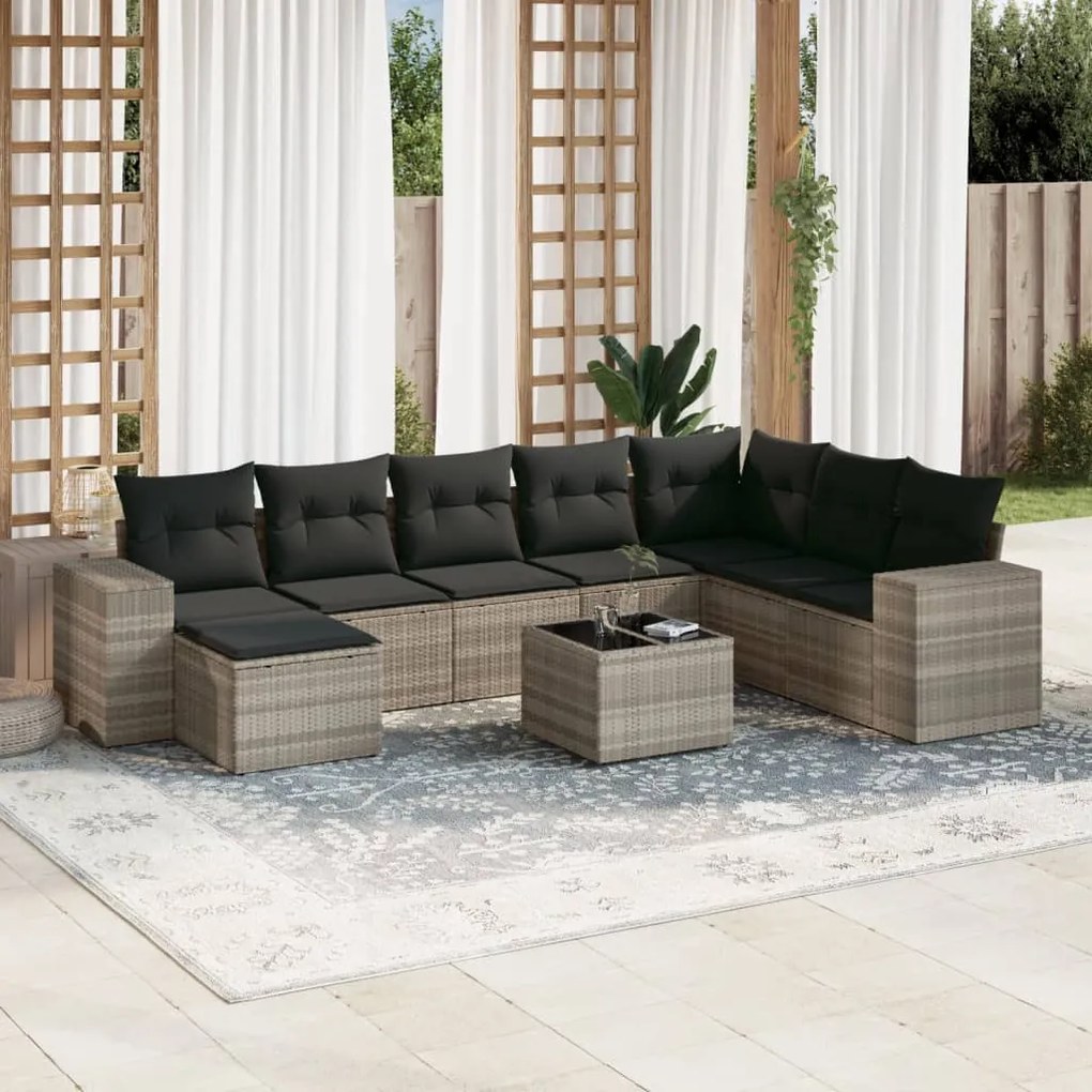 Set divano da giardino 9pz con cuscini grigio chiaro polyrattan