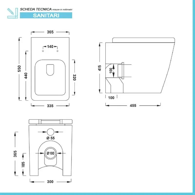 Wc filomuro Rimless serie Malaga in ceramica bianco lucido