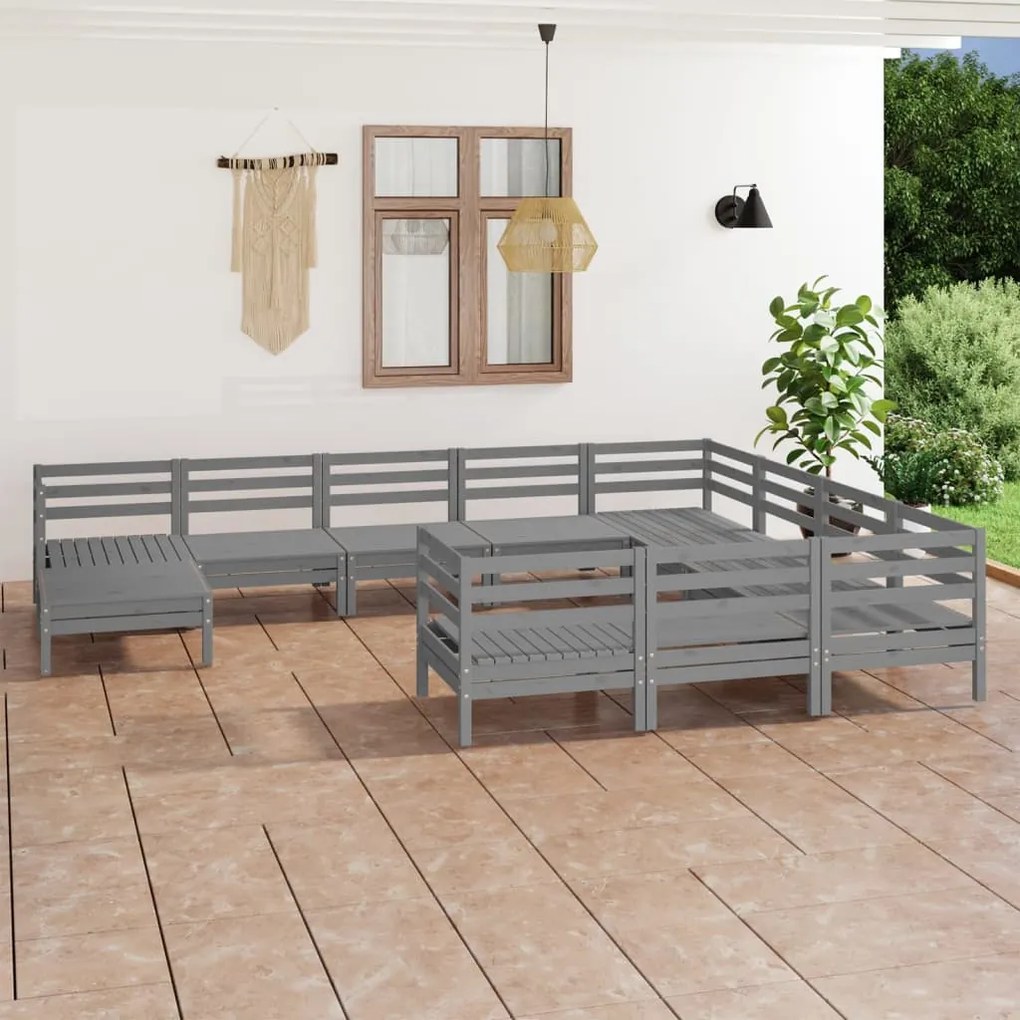 Set Salotto da Giardino 11 pz Grigio in Legno Massello di Pino