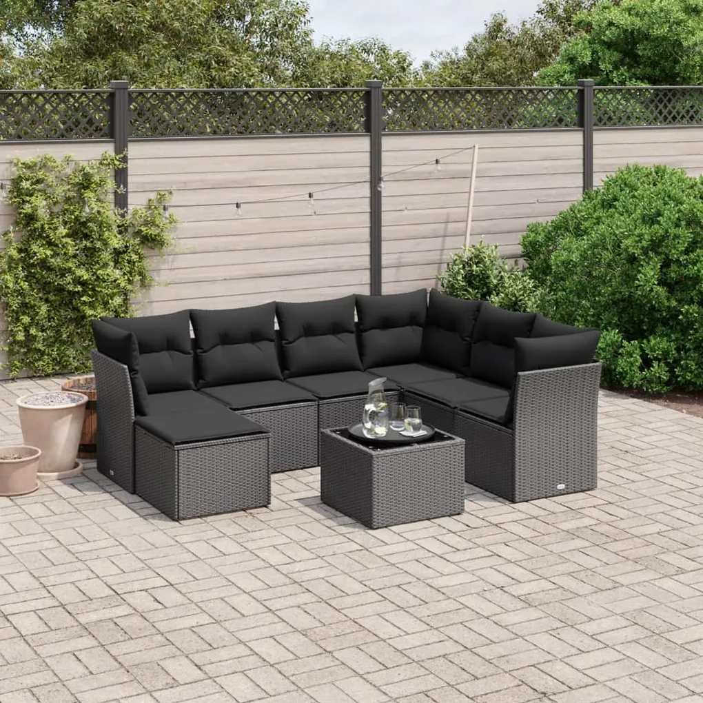 Set divani da giardino con cuscini 8 pz nero in polyrattan