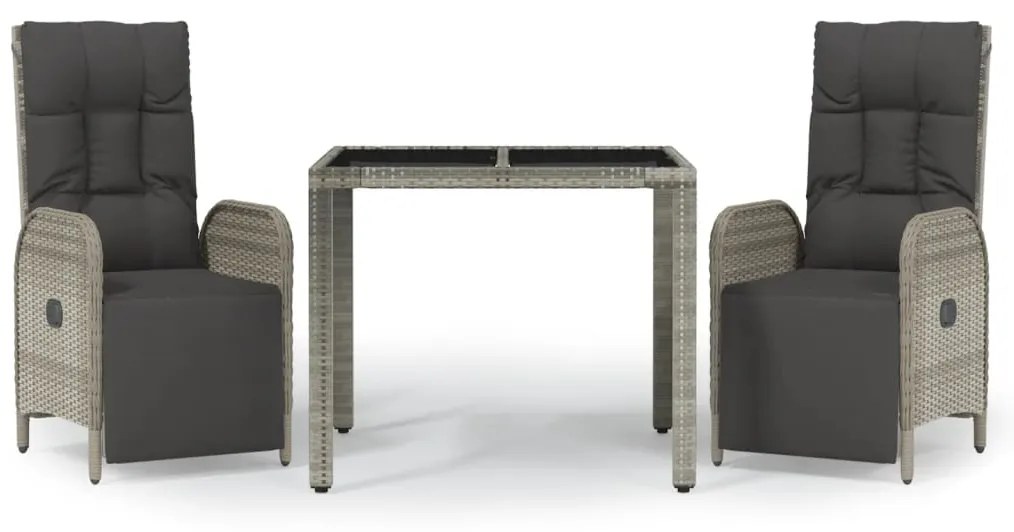 Set da pranzo da giardino 3 pz con cuscini in polyrattan grigio