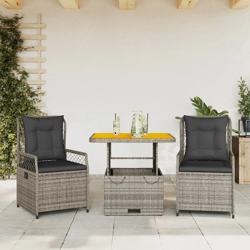 Set da pranzo da giardino 3 pz con cuscini in polyrattan grigio