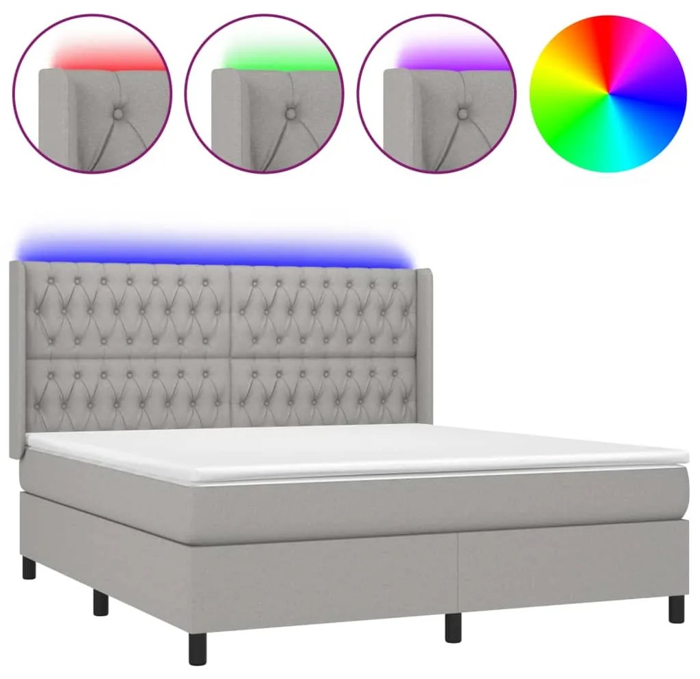 Letto a molle materasso e led grigio chiaro 180x200 cm tessuto