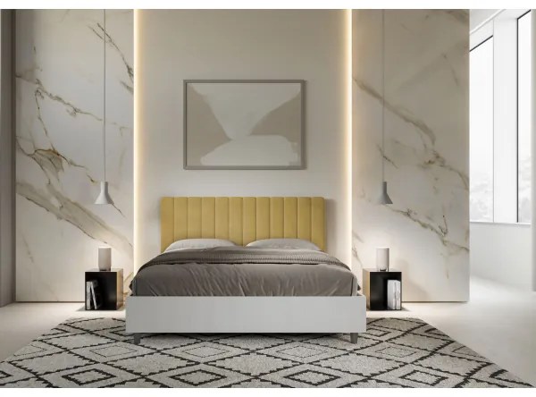 Letto contenitore da 160x200 in legno bianco e testata in microfibra ocra Kaia