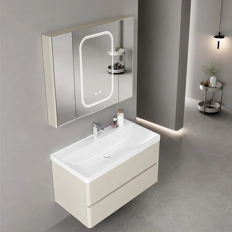 Mobile bagno 80 cm color bianco crema lavabo integrato | KAM-SM80 - KAMALU