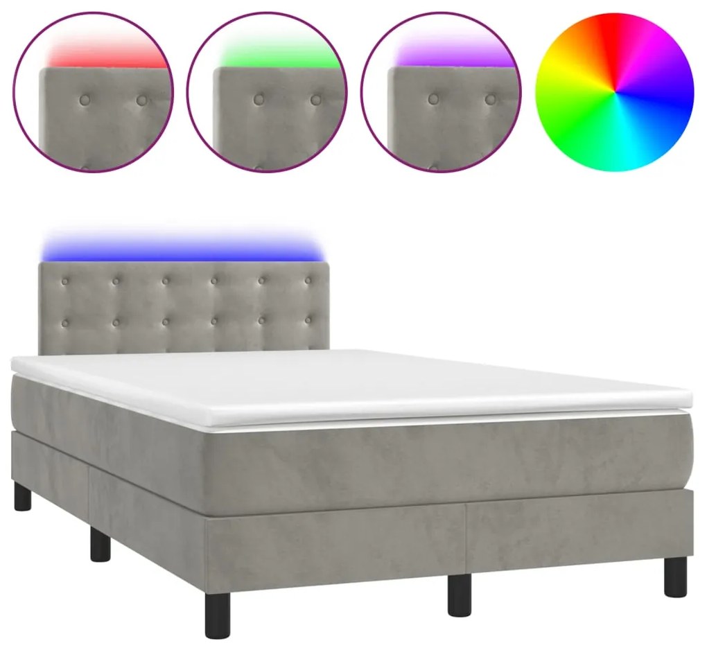 Letto a molle materasso e led grigio chiaro 120x200 cm velluto