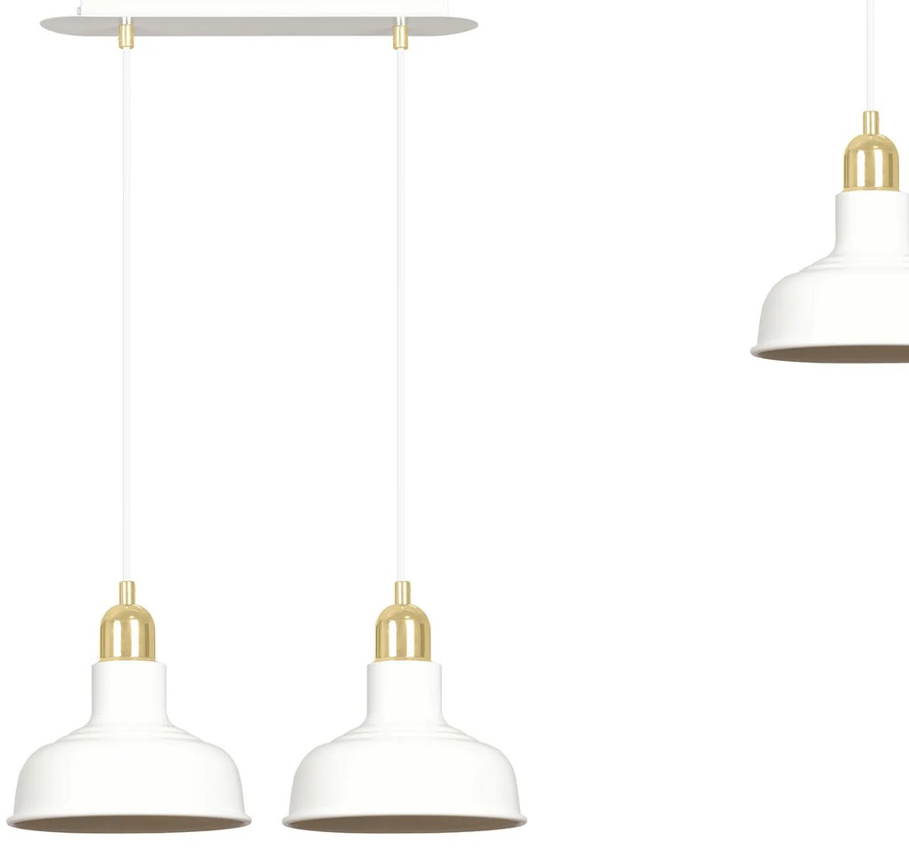Lampadario Industrial 2 Luci Kubera In Acciaio Bianco Con Elementi In Oro